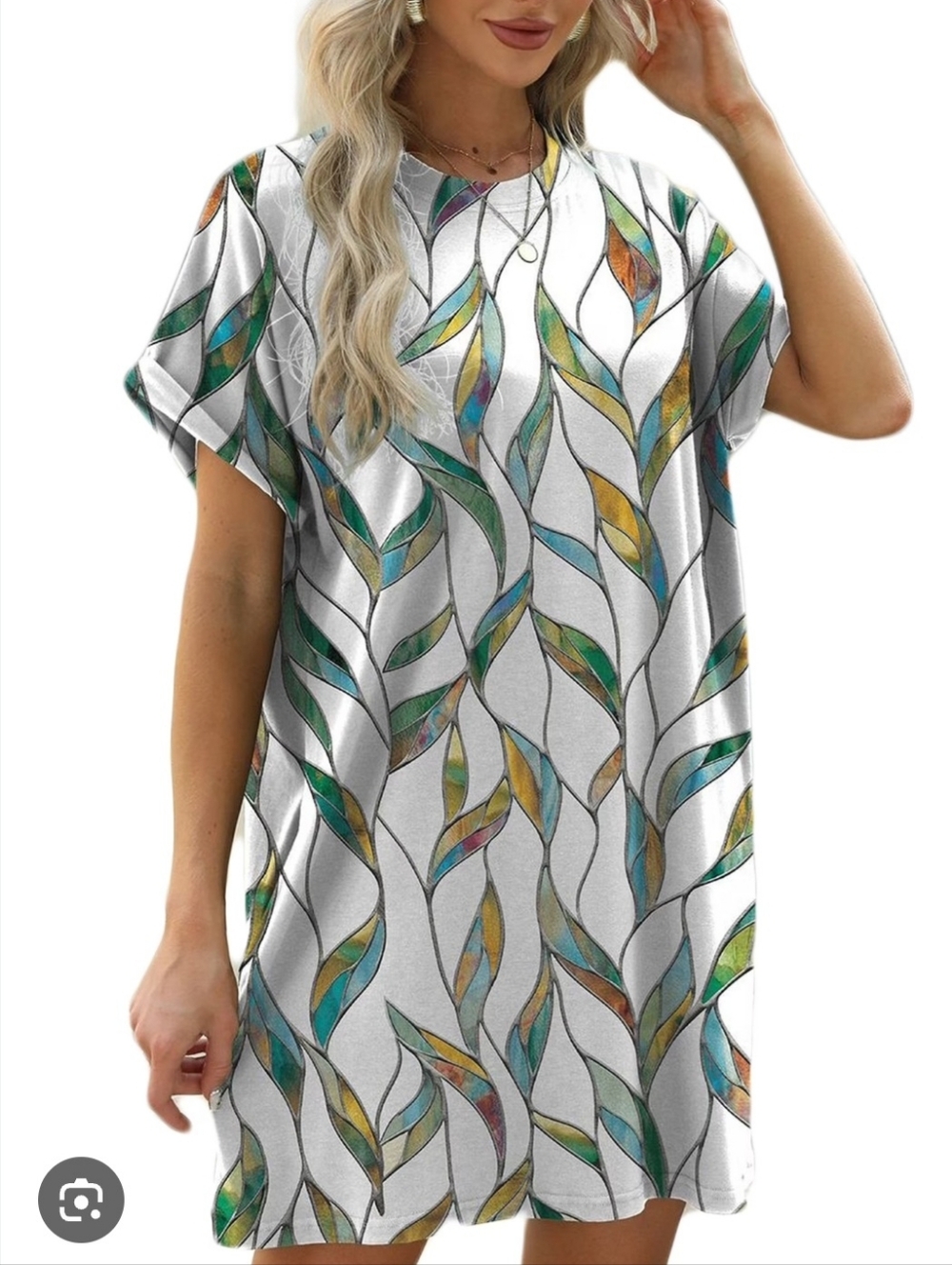 White Leaf-Print Short A-Line Mini Dress